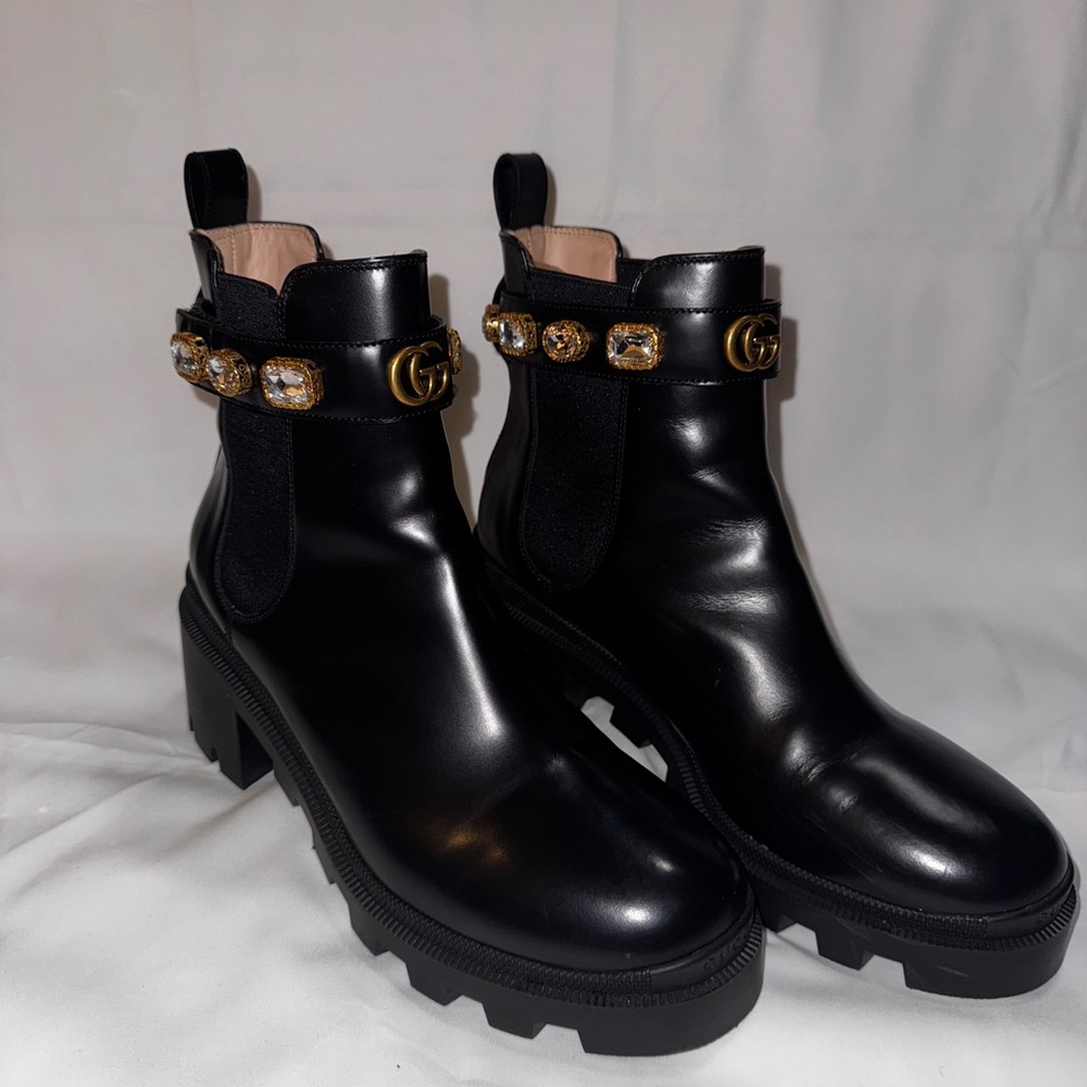 Gucci Calfskin Crystal GG Trip Chelsea Ankle Boots - Picture 6 of 10